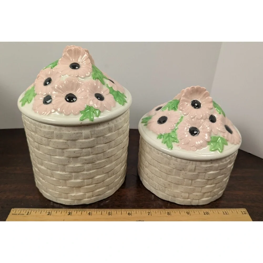 Vintage Ceramic Basket Weave Canisters Pink Daisy Flower Lids Speckled Stoneware
